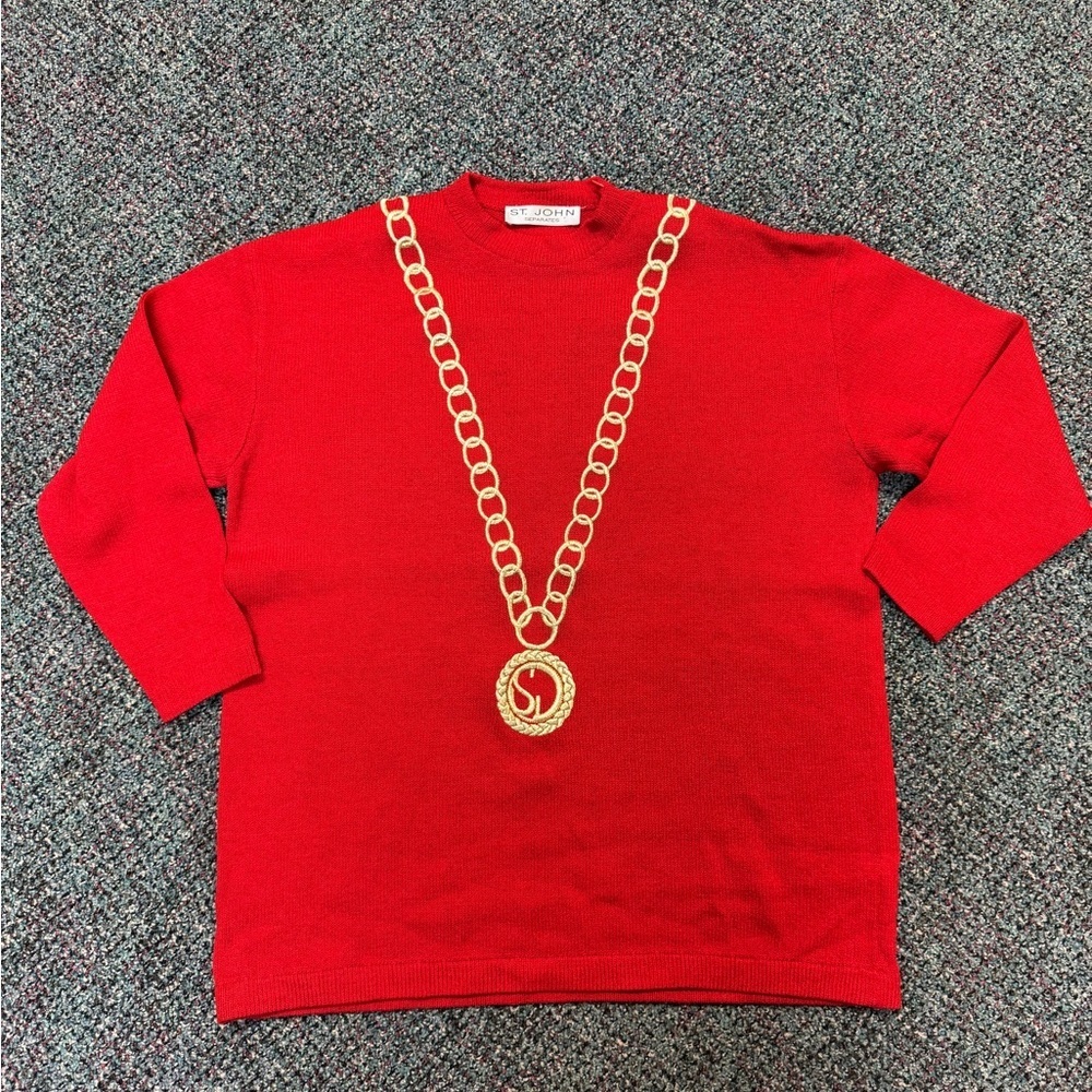 RARE St. John Collection red/gold embroidered Paris chain Santana knit sweater